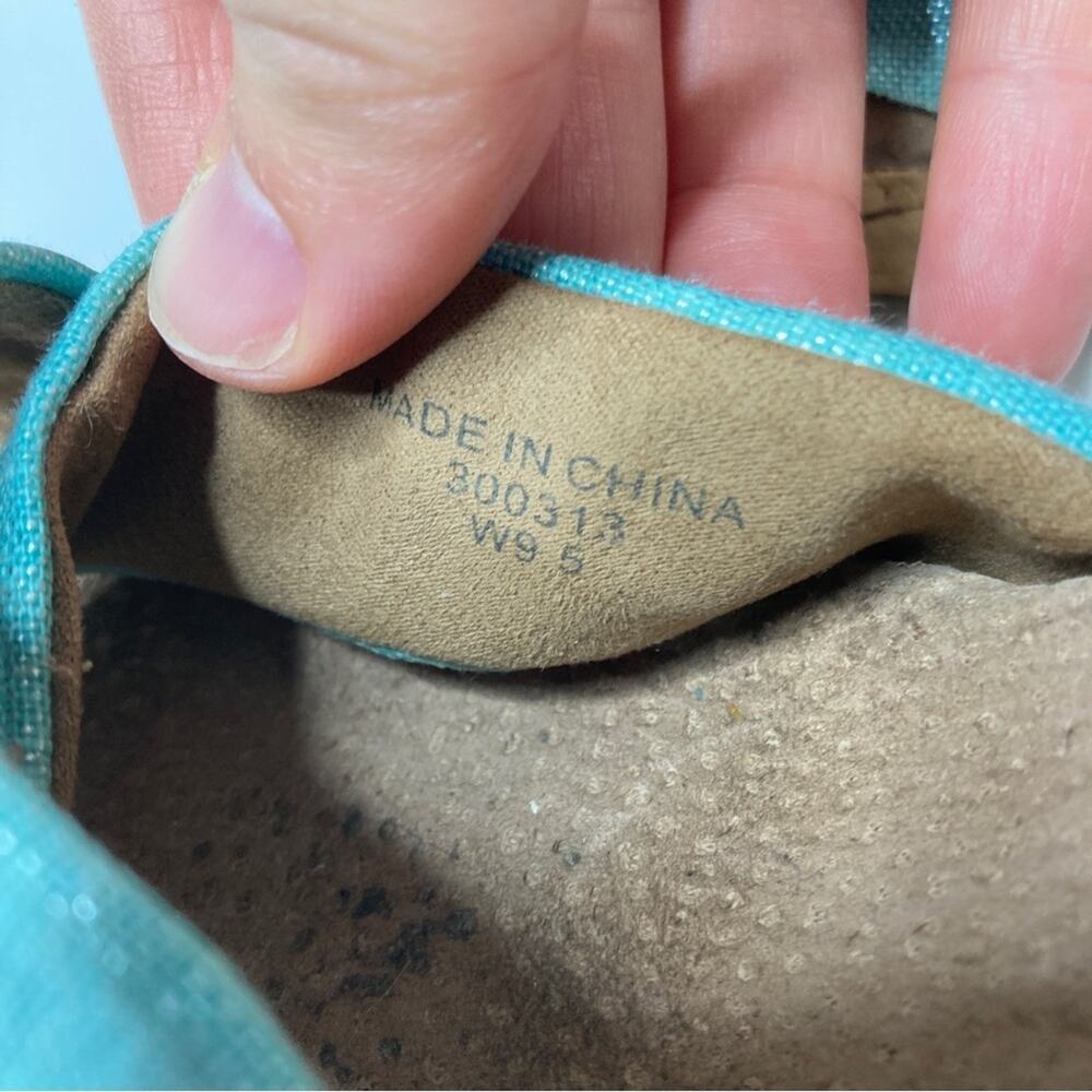 3/$30 Toms | Shimmery Aqua Cross Strappy Platform Cork Heels 9.5 - Picture 7 of 10